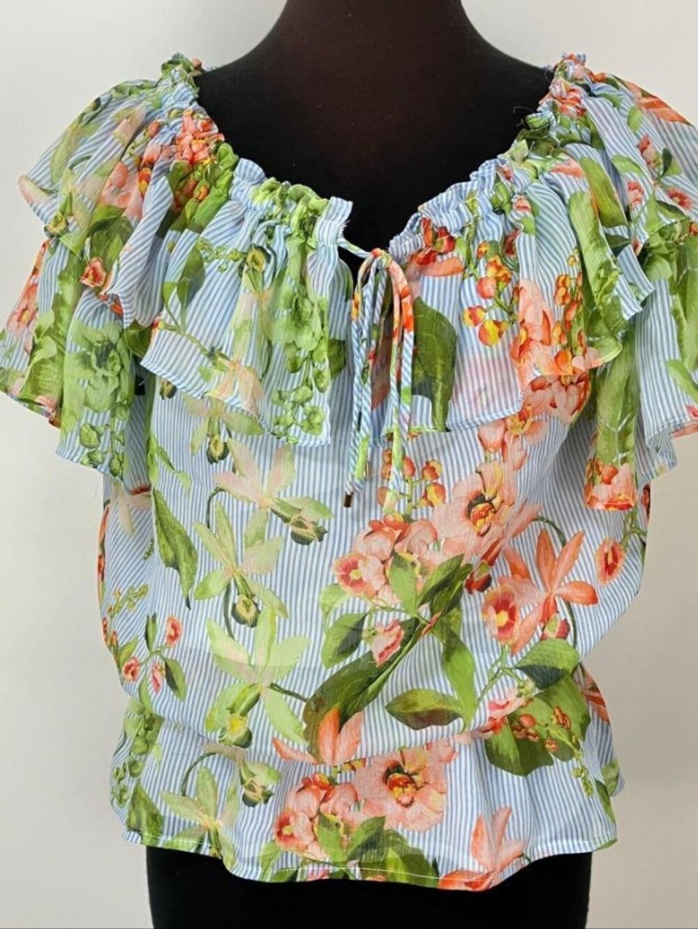 Tommy Hilfiger Light Blue Striped Floral Ruffle Off-Shoulder Blouse NWT
